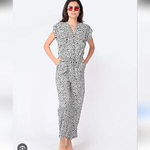Anthropologie Patrons of Peace Black and White Printed Short-Sleeve Jumpsuit